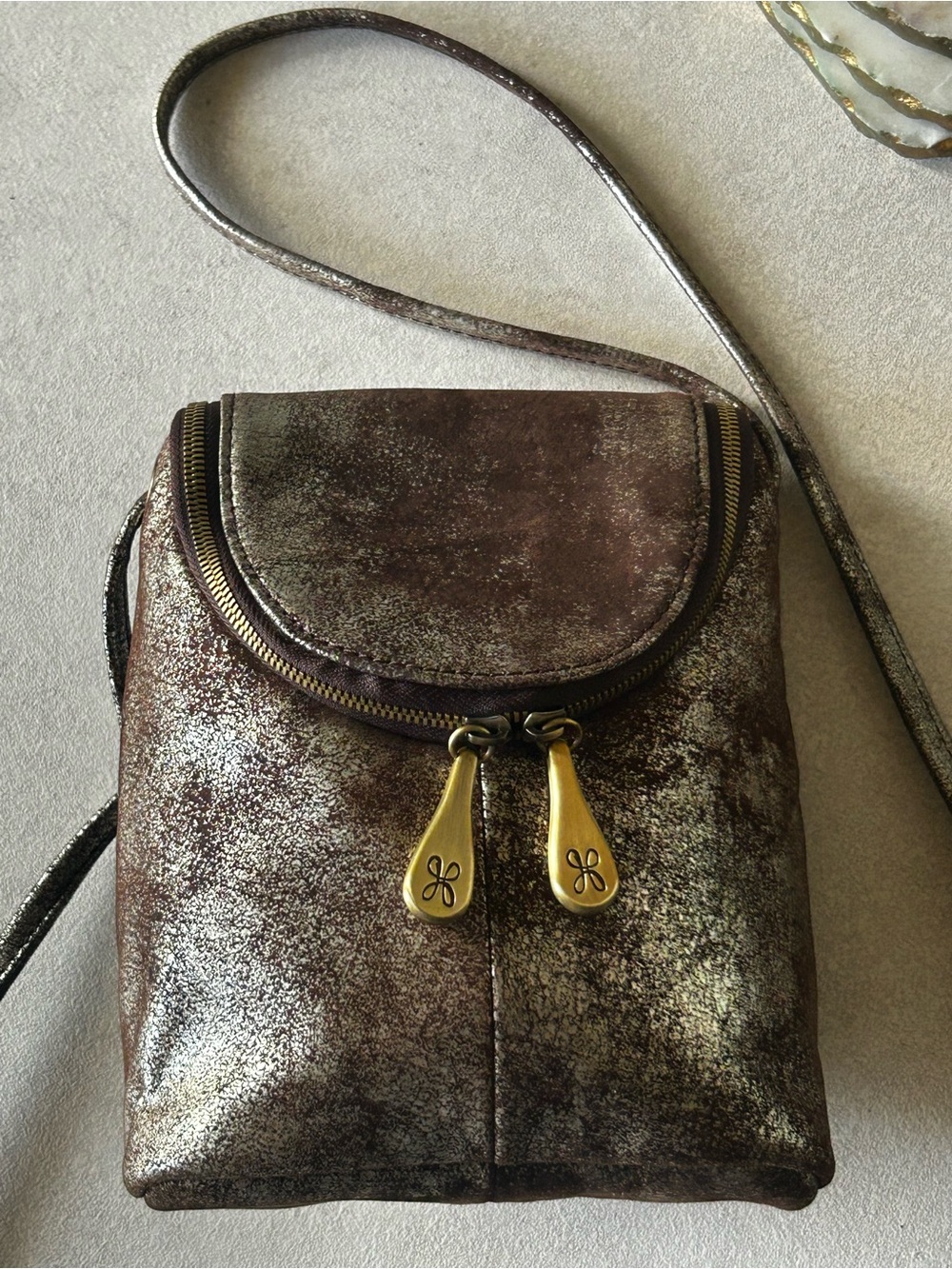 HOBO INTERNATIONAL Fern Metallic Shimmer Crossbody Bag with Brown/Gold Accents - Picture 15 of 17